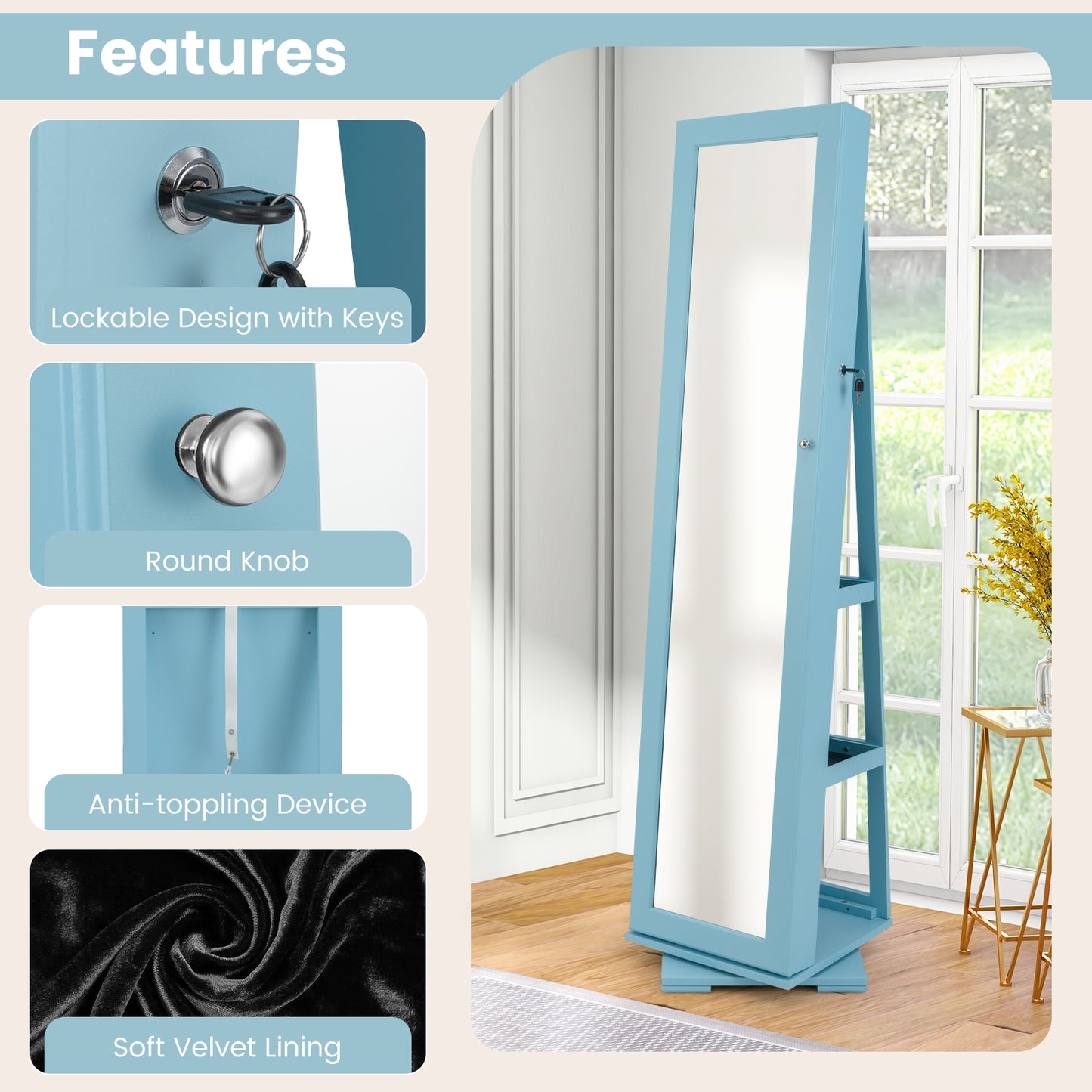 360° Rotatable 2-in-1 Lockable Jewelry Cabinet with Full-Length Mirror, Blue Jewelry Armoires at Gallery Canada