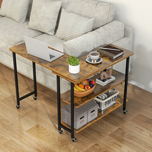 360° Rotating Side Table, 2-Tier Storage Shelves, Brown L-Shaped Desks Brown at Gallery Canada