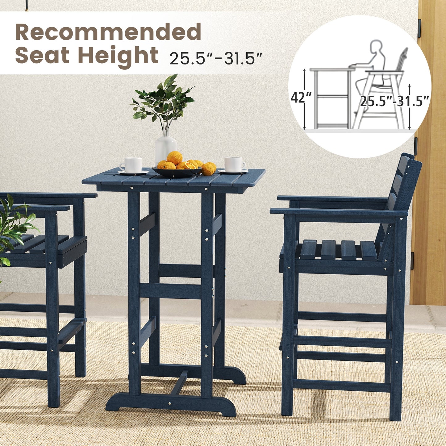 30 Inch Square Bar Table Dining Table with Slatted Tabletop for Poolside, Navy Patio Dining Tables at Gallery Canada