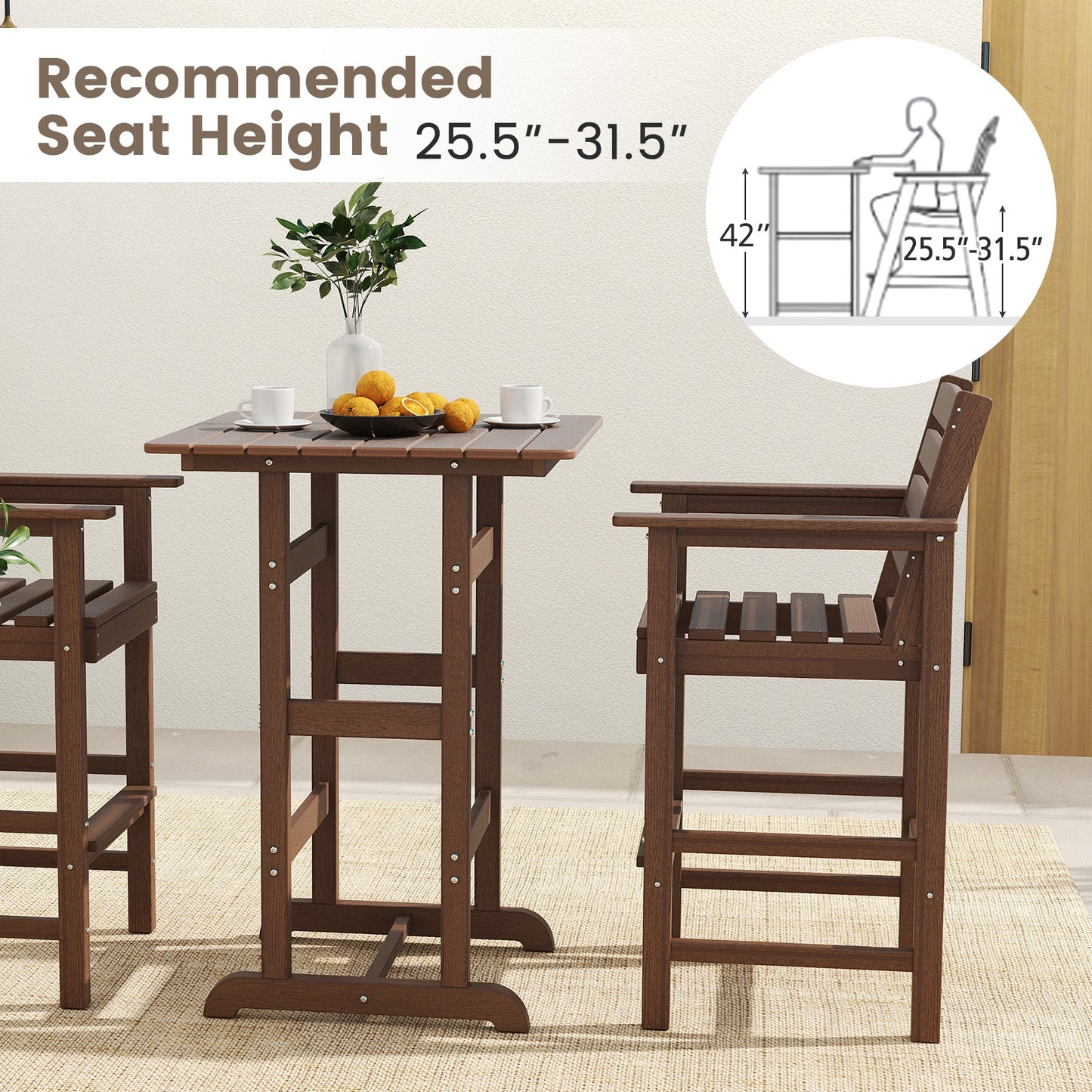 30 Inch Square Bar Table Dining Table with Slatted Tabletop for Poolside, Brown Patio Dining Tables at Gallery Canada