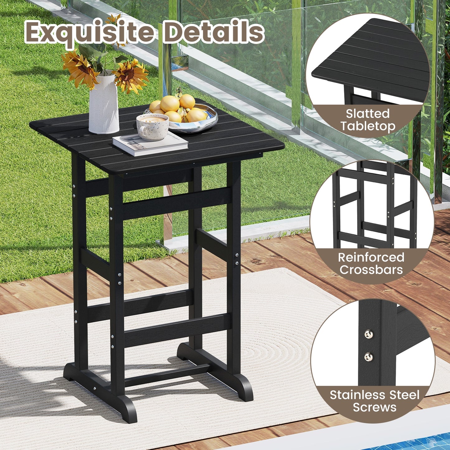 30 Inch Square Bar Table Dining Table with Slatted Tabletop for Poolside, Black Patio Dining Tables at Gallery Canada