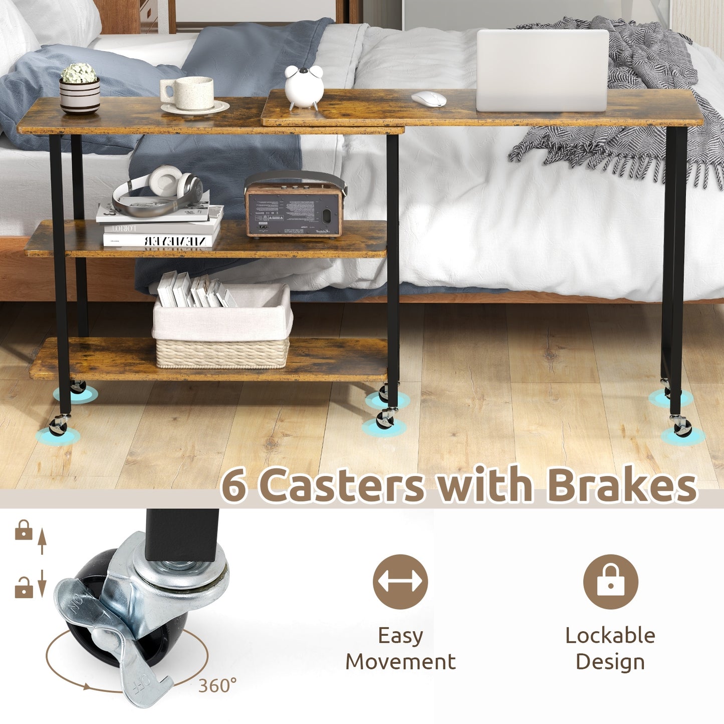 360° Rotating Side Table, 2-Tier Storage Shelves, Brown L-Shaped Desks at Gallery Canada