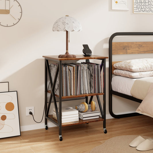 Mid-Century Record Player Stand, Built-In Charging Station, Rustic Brown End & Side Tables Rustic Brown at Gallery Canada