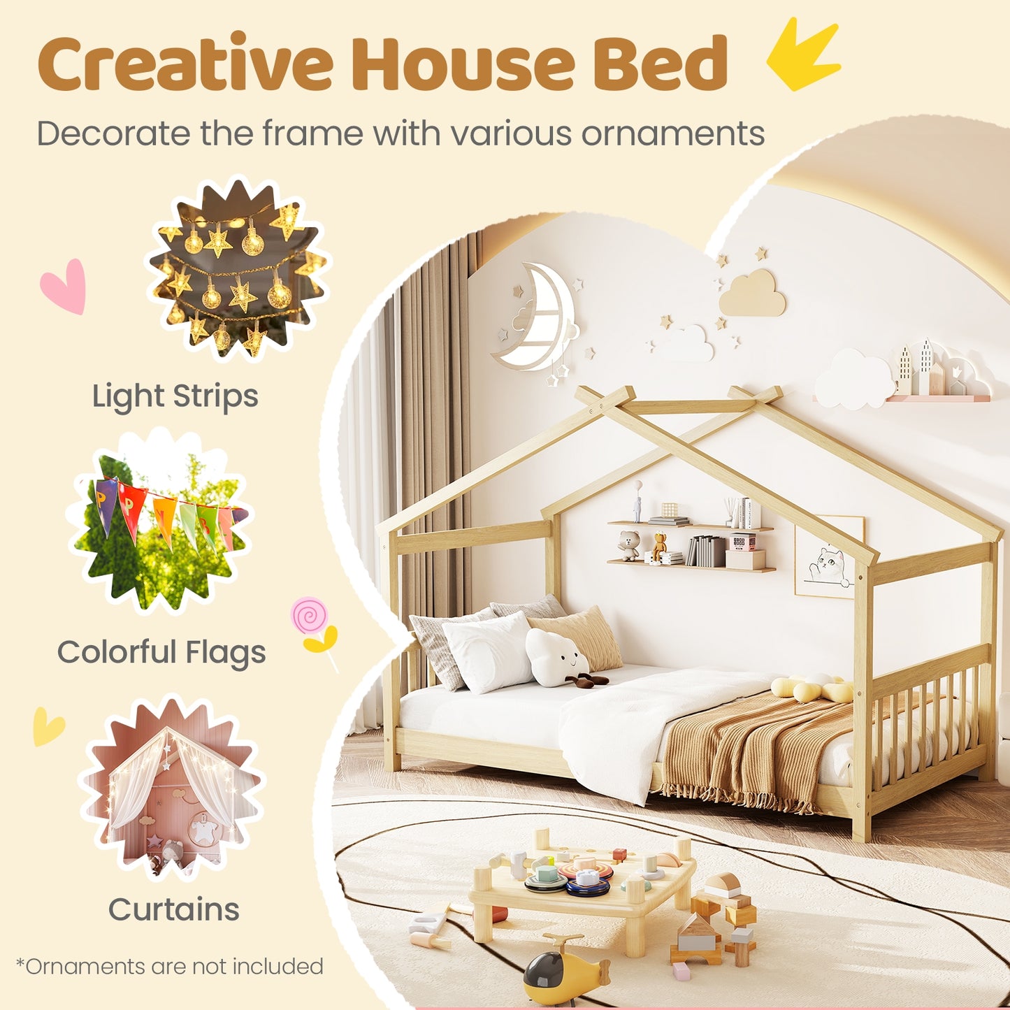 Twin Size Wooden House Bed With Roof, Natural Simple Bed Frame at Gallery Canada