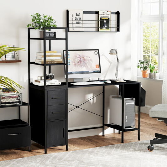 Office Desk With LED Lights, Power Outlets, Open Shelves, Black