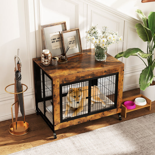 Industrial Dog Kennel, Flip-Up Top, 3 Lockable Doors, Removable Tray, Rustic Brown Dog Kennels Rustic Brown at Gallery Canada