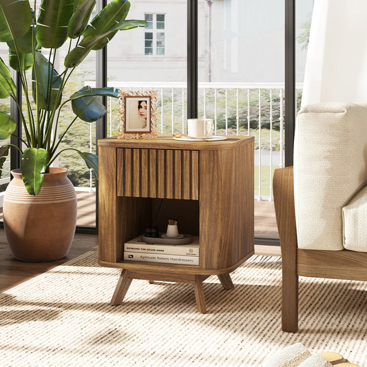 Mid-Century Wood Nightstand, Drawer And Open Shelf, Walnut Nightstands Walnut at Gallery Canada