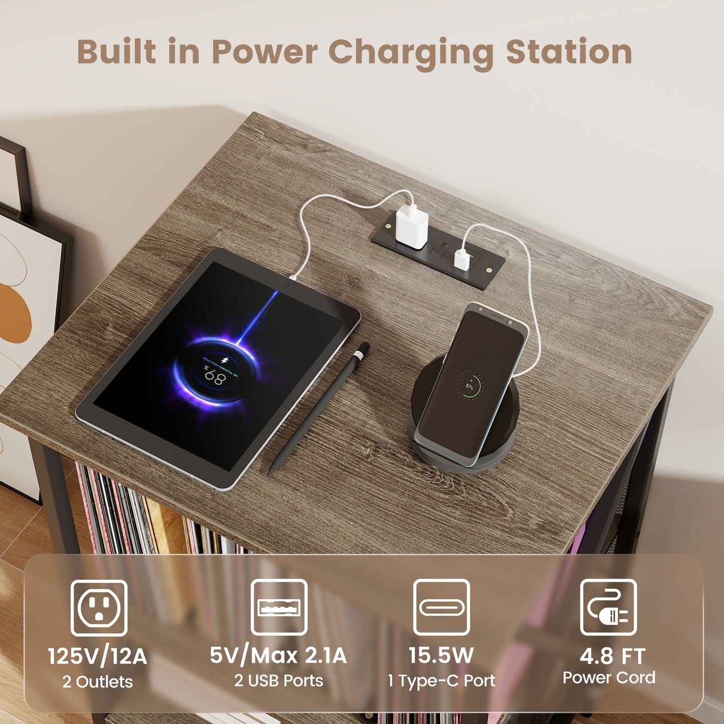 Support de tourne-disque du milieu du siècle, station de recharge, gris