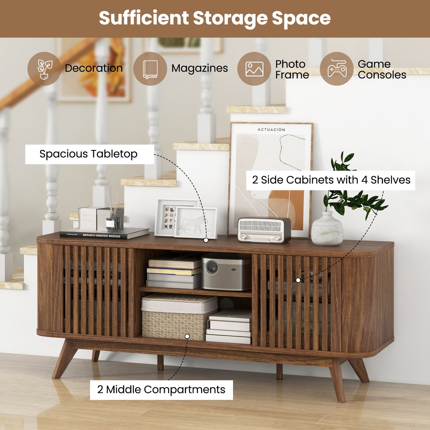2-Door TV Stand for TVs up to 60 Inches with Adjustable Shelves, Walnut Entertainment Centers & TV Stands at Gallery Canada