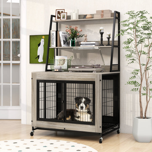 Industrial Dog Kennel Dog Crate Furniture with Storage Shelves, Gray Dog Kennels Gray at Gallery Canada
