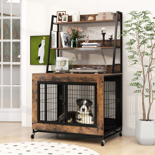 Industrial Dog Kennel Dog Crate Furniture with Storage Shelves, Rustic Brown Dog Kennels Rustic Brown at Gallery Canada