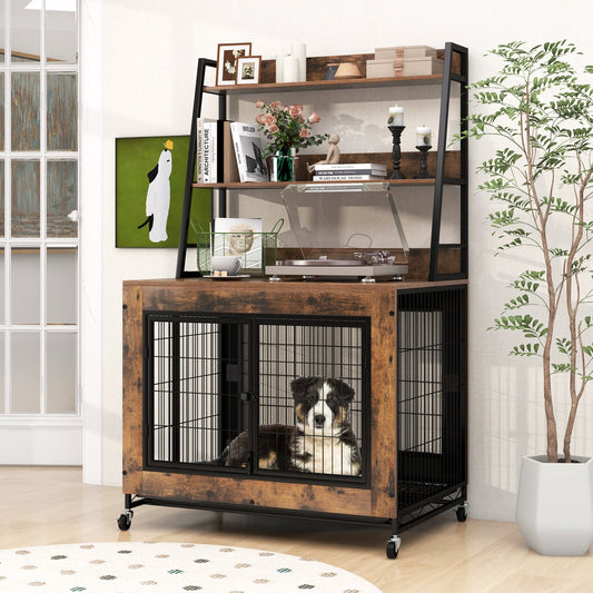 Industrial Dog Kennel Furniture With Storage Shelves, Rustic Brown