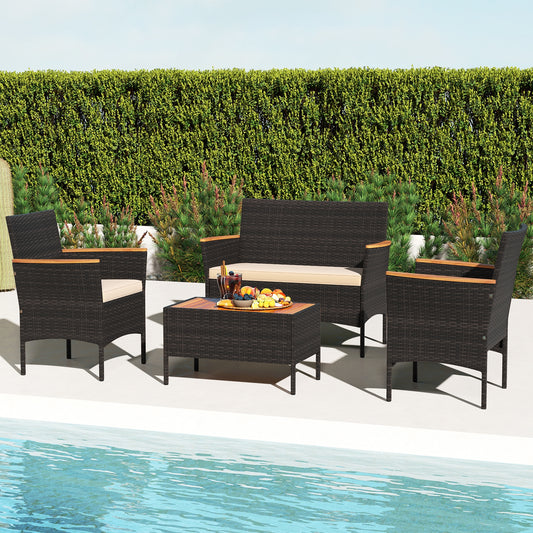 4 Piece Patio Wicker Sofa Set, 2 Rattan Chairs and Loveseat with Table, Brown Patio Conversation Sets Brown at Gallery Canada