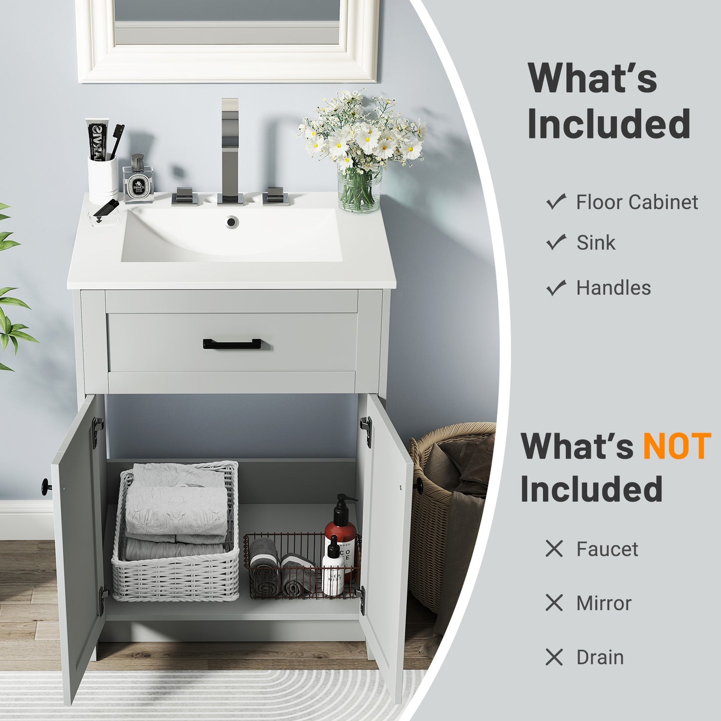 Bathroom Vanity Unit with Basin and 2 Doors, Gray Floor Cabinets at Gallery Canada
