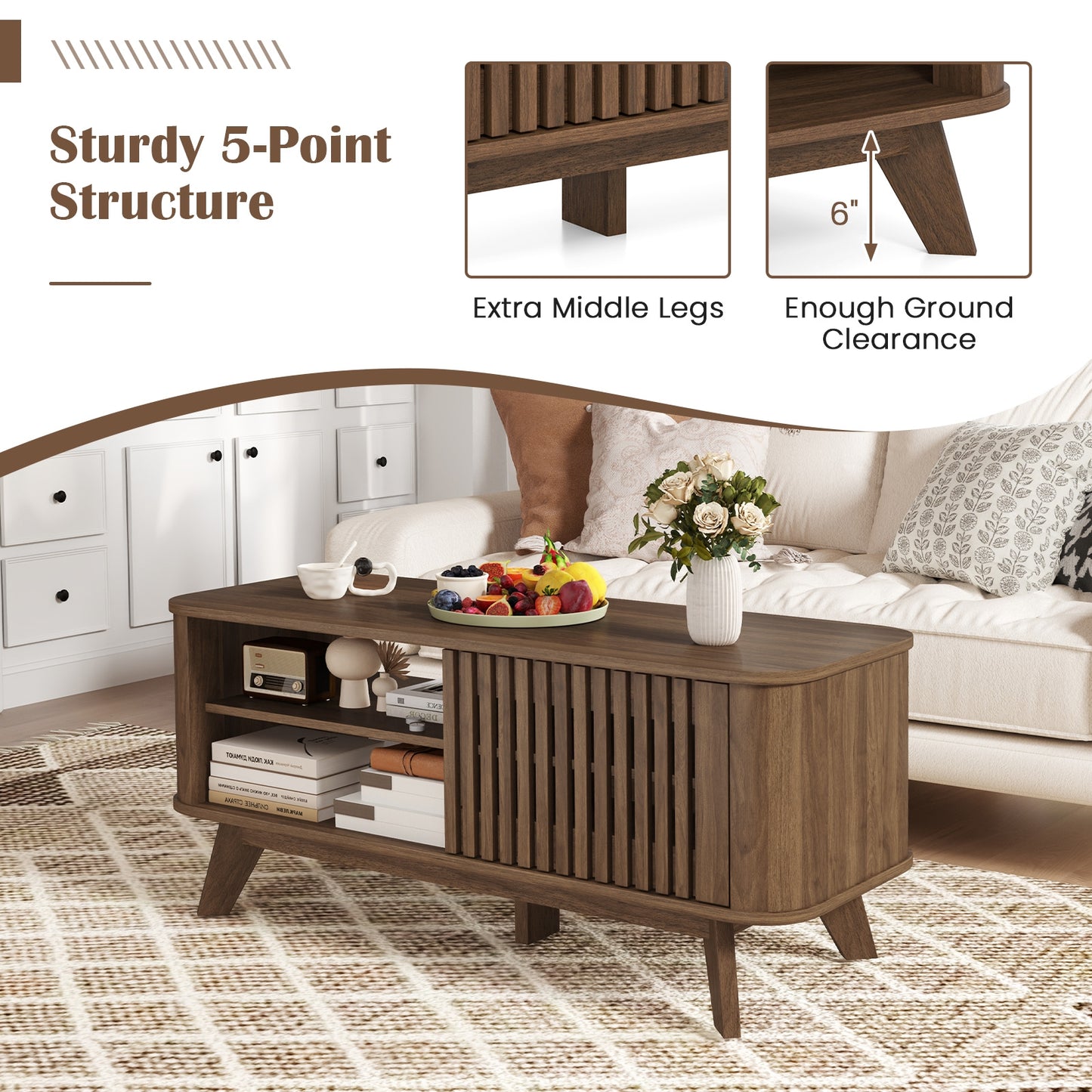 Rectangular Coffee Table with Storage and Adjustable Shelves, Walnut Coffee Tables at Gallery Canada