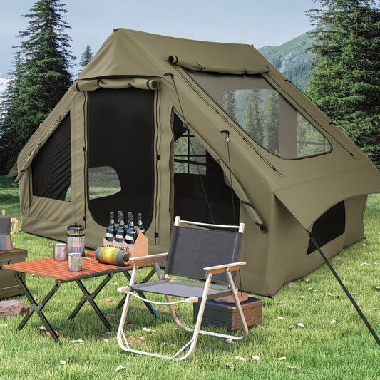 4-6 Person Inflatable Camping Tent, 4 Mesh Windows, 2 Doors, Green