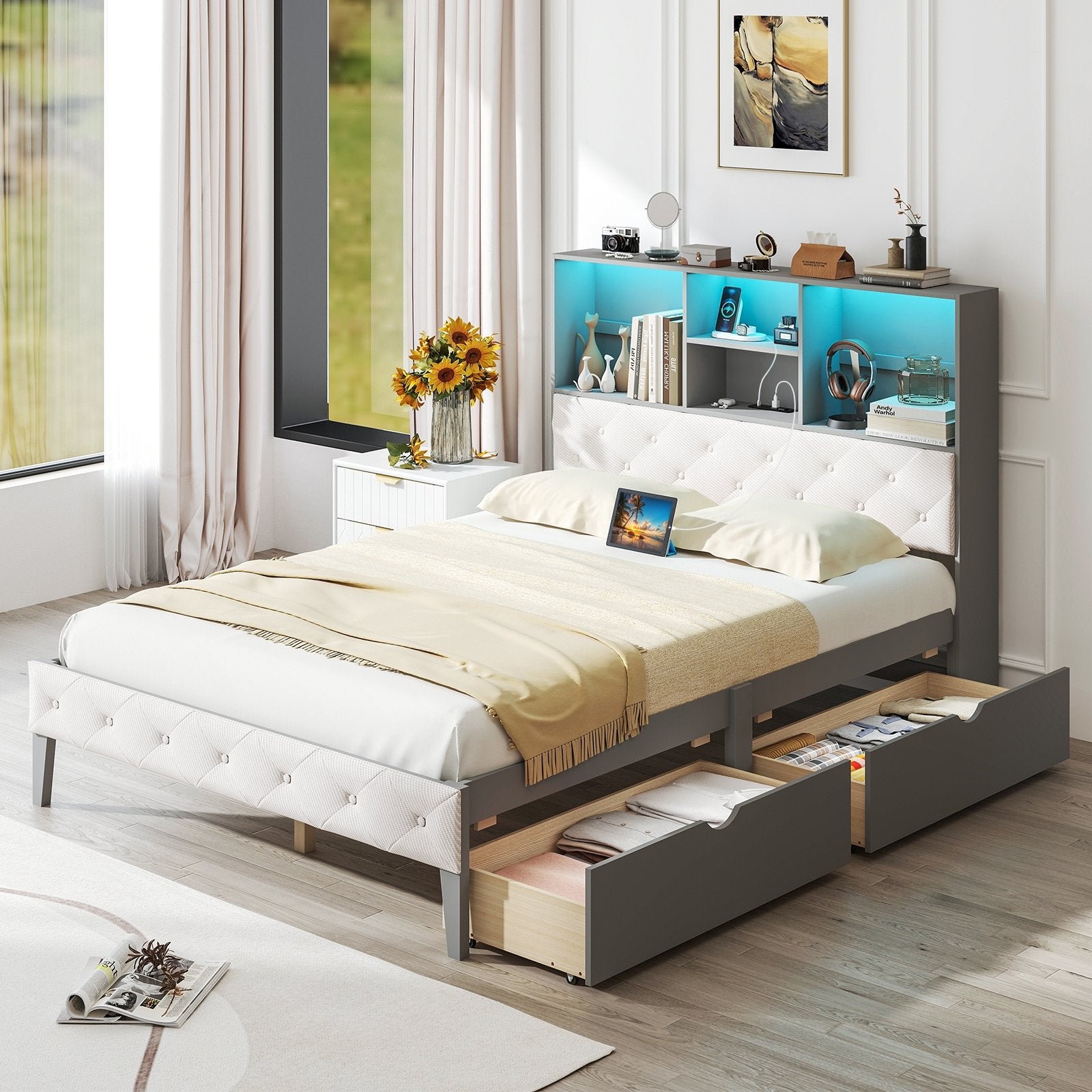 Full Size Bed Frame with Bookcase Headboard and LED Lights, Gray Simple Bed Frame at Gallery Canada