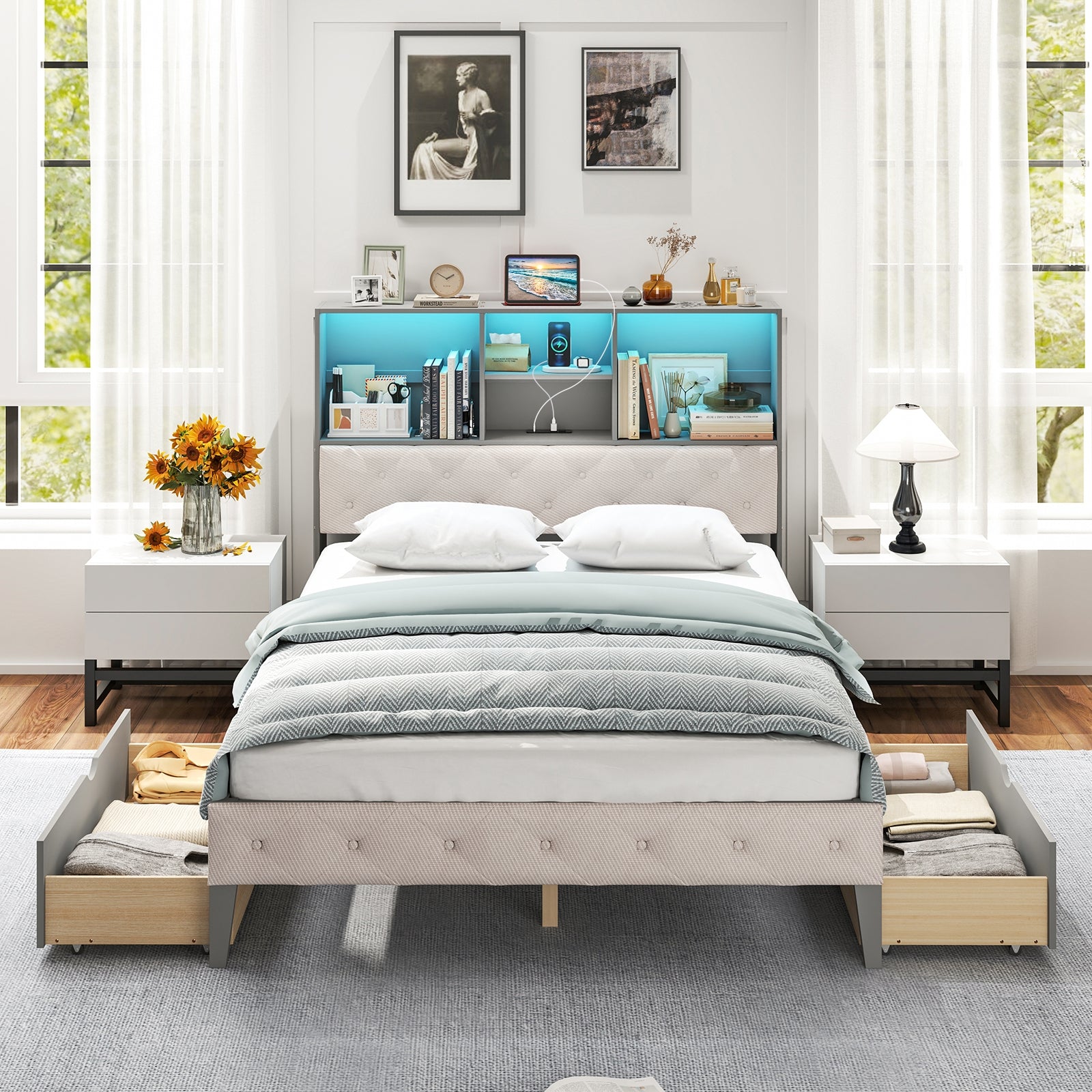 Full Size Bed Frame with Bookcase Headboard and LED Lights, Gray Simple Bed Frame at Gallery Canada