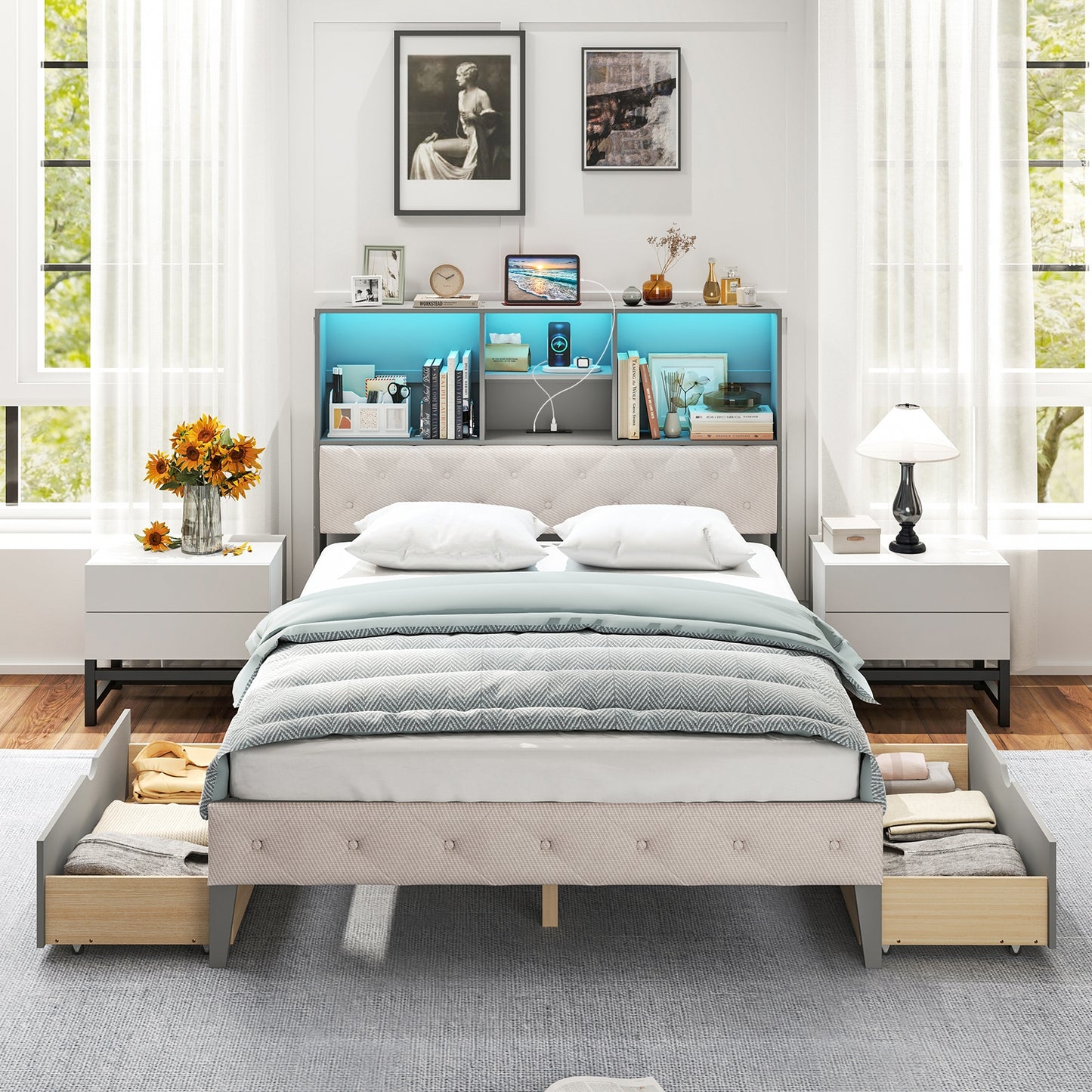 Full Size Bed Frame with Bookcase Headboard and LED Lights, Gray Simple Bed Frame at Gallery Canada