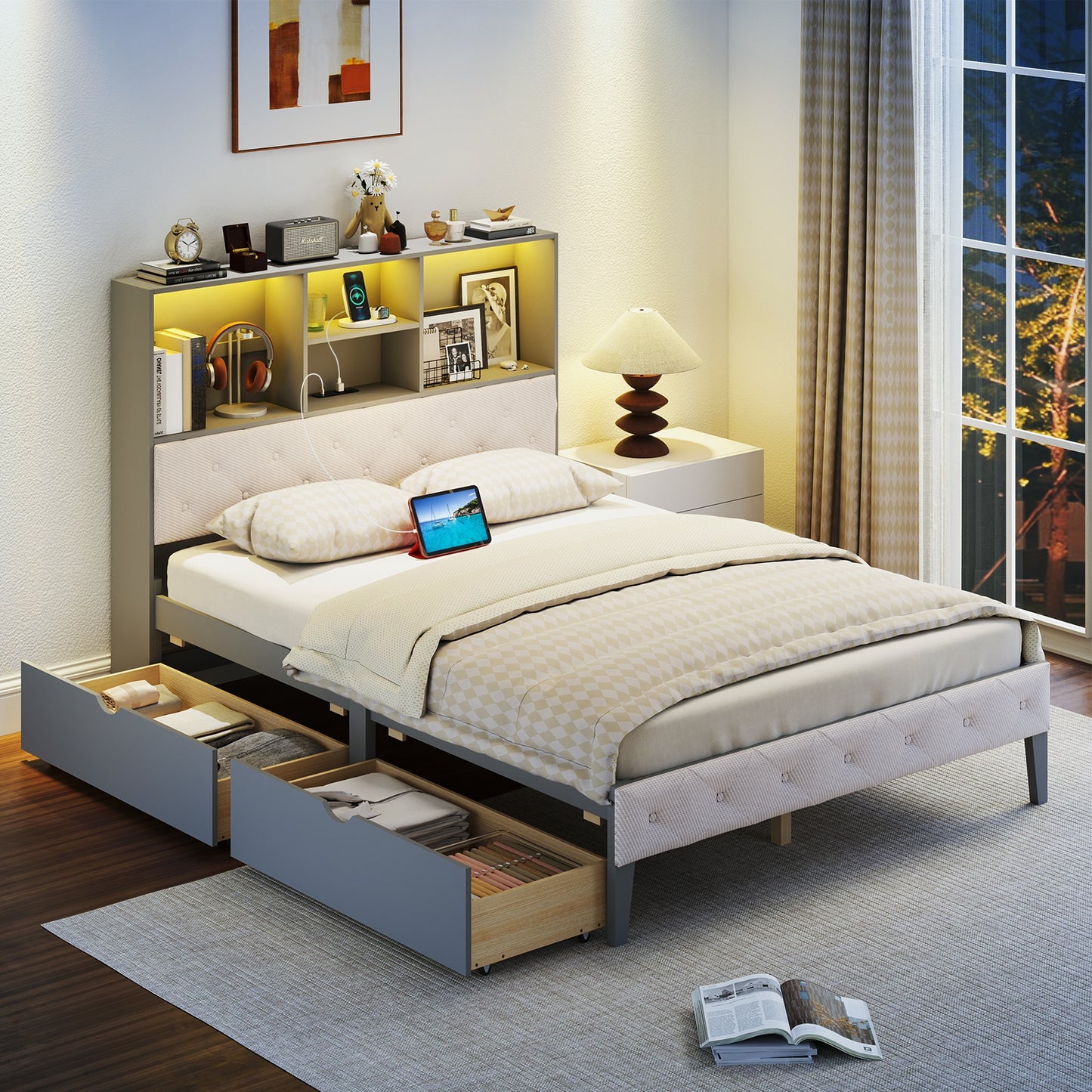 Full Size Bed Frame with Bookcase Headboard and LED Lights, Gray Simple Bed Frame at Gallery Canada