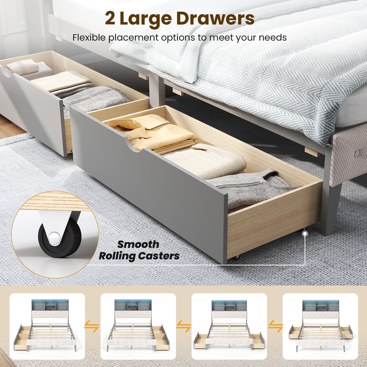 Full Size Bed Frame With Bookcase Headboard, LED Lights, Gray Simple Bed Frame at Gallery Canada