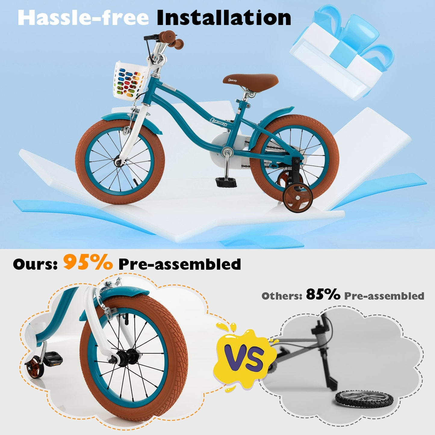 Vélo pour enfants 12 pouces, réglable avec panier amovible, turquoise