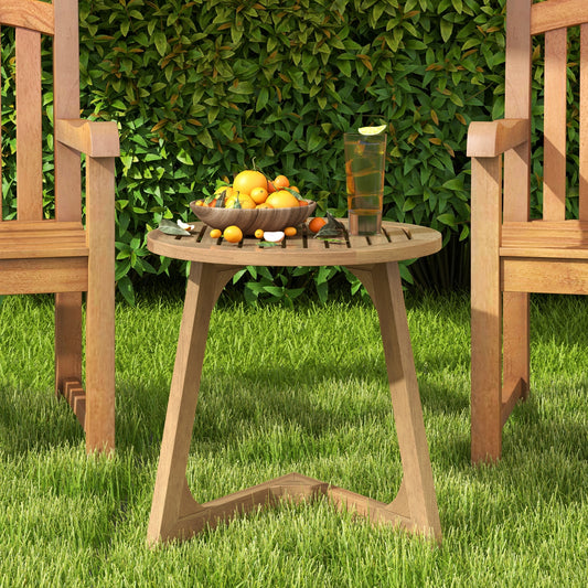 Teak Wood Side Table Round Sofa End Table with Slatted Tabletop, Natural End & Side Tables Natural at Gallery Canada