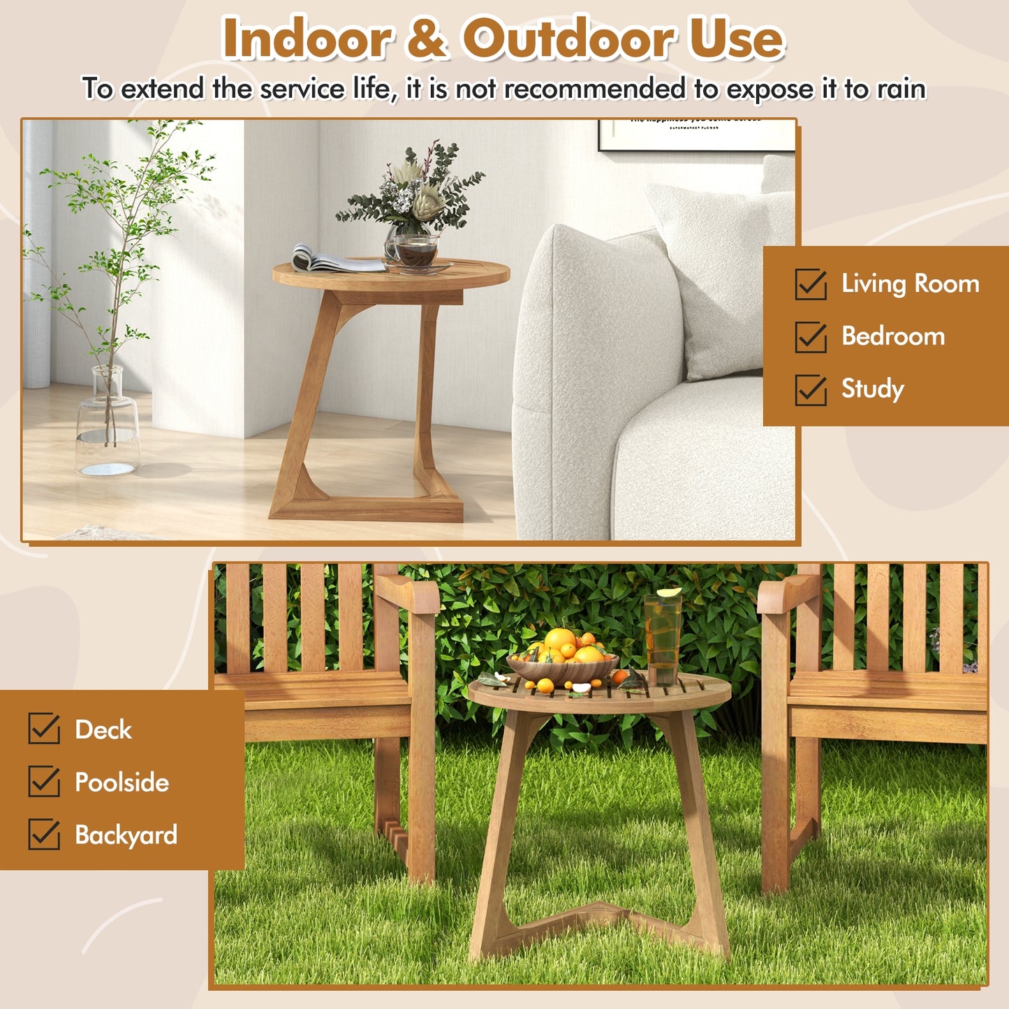 Teak Wood Side Table Round Sofa End Table with Slatted Tabletop, Natural End & Side Tables at Gallery Canada