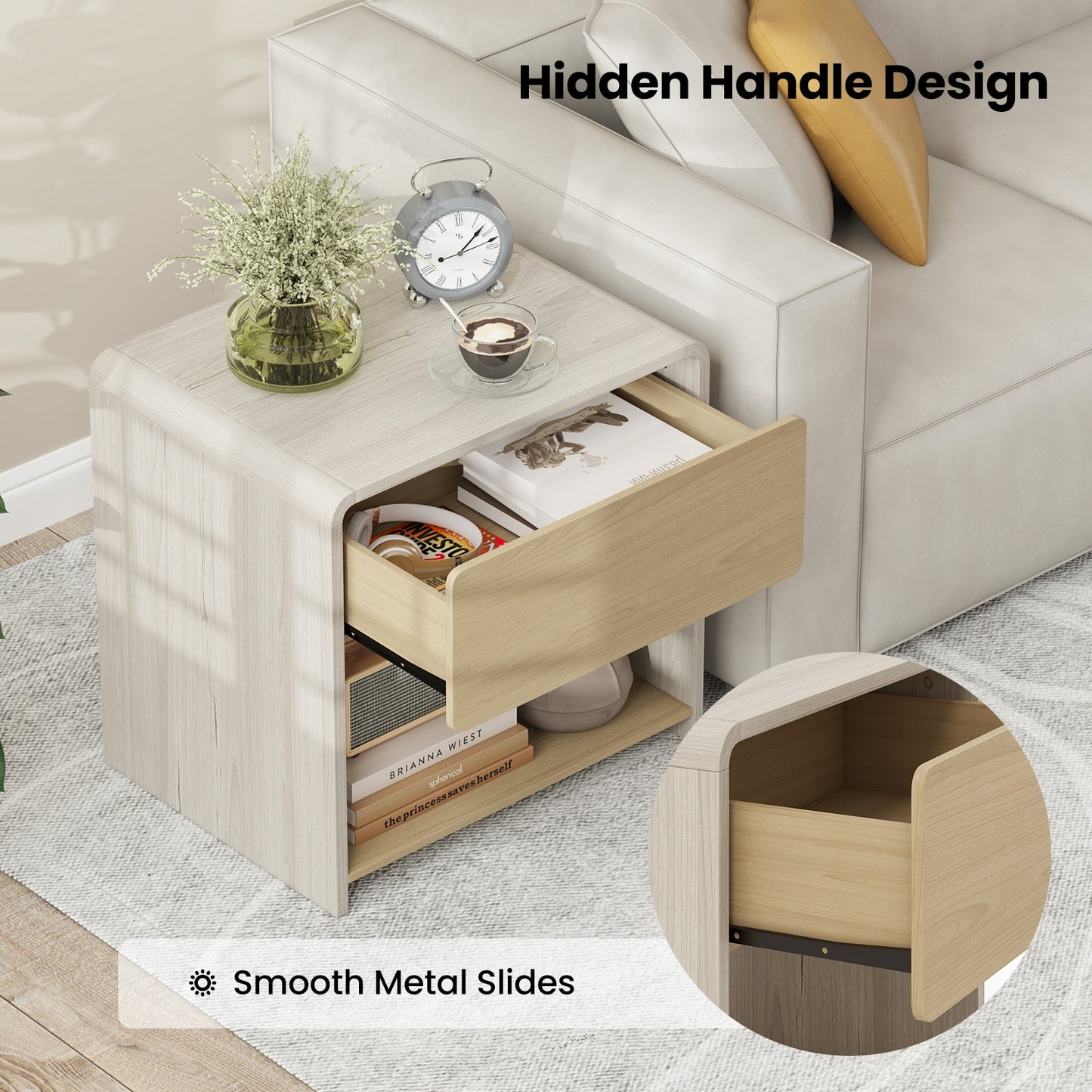 2-Tier Nightstand With Drawer And Open Shelf, Oak Nightstands at Gallery Canada