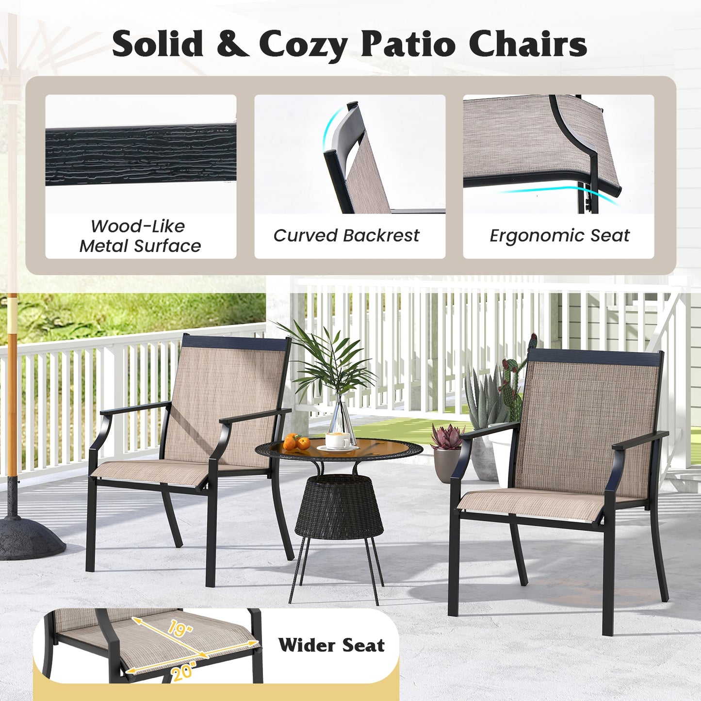 Large Outdoor Dining Chairs, 2 Piece Set, Breathable Seat, Metal Frame, Brown Patio Dining Chairs at Gallery Canada