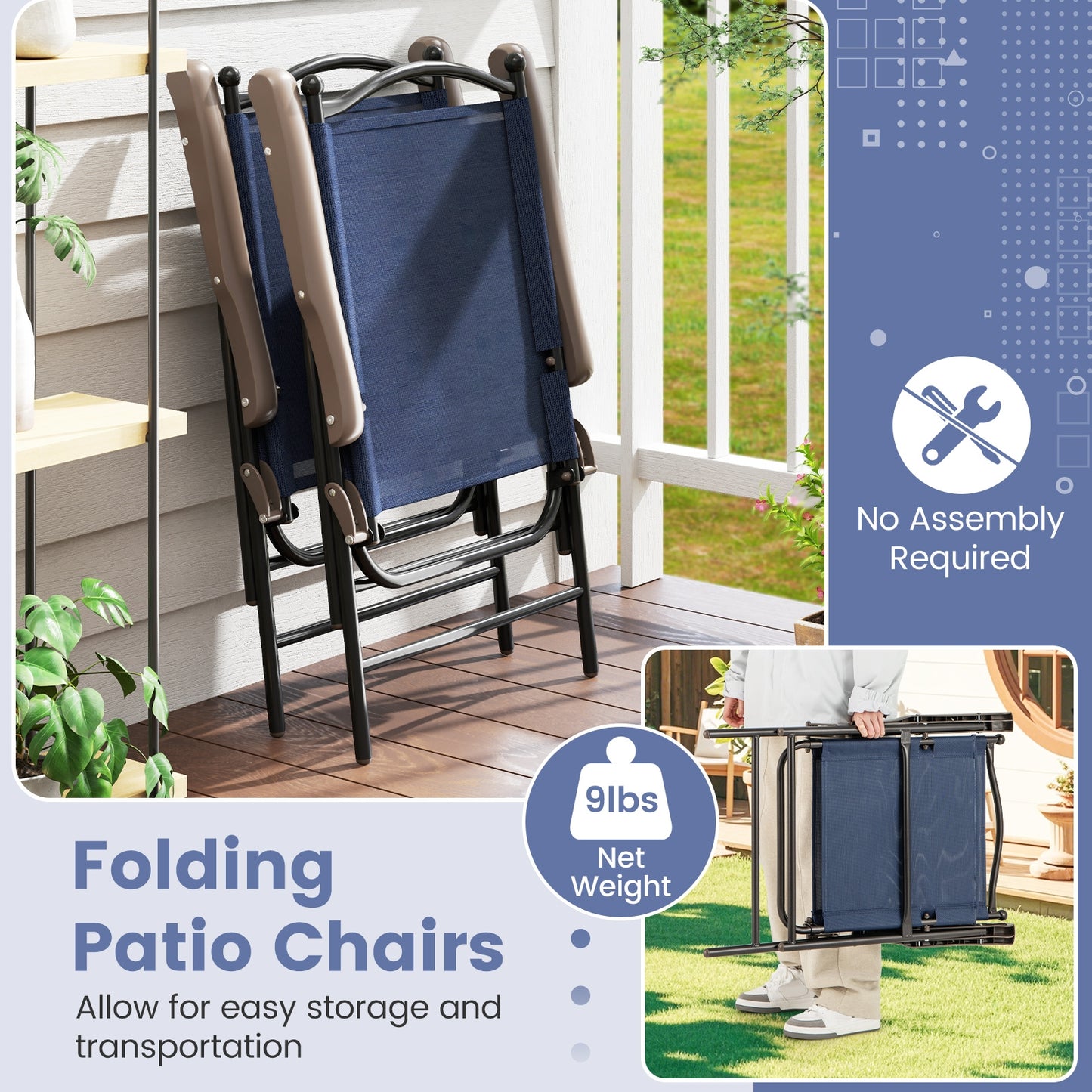 Patio Folding Sling Back Camping Deck Chairs, Set of 2, Navy Patio Dining Chairs at Gallery Canada