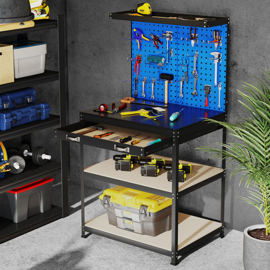 32 x 16 Inch Workbench With Pegboard Drawer, Shelves, Navy Garages Navy at Gallery Canada