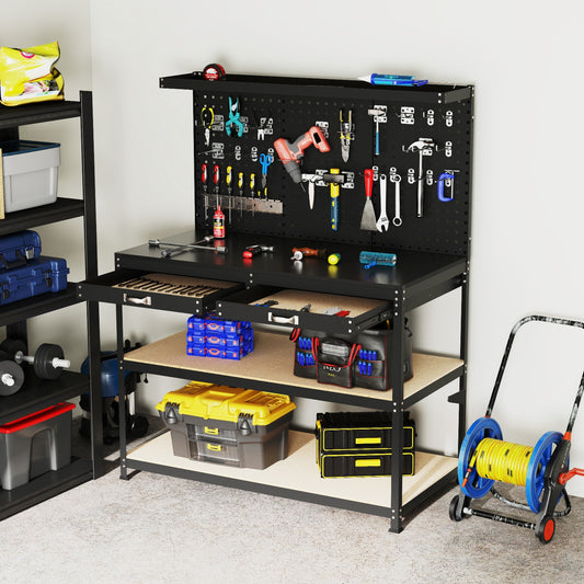 48 x 24 Inch Workbench Work Table with 3 PCs Pegboard Drawer and Shelves, Black Garages Black at Gallery Canada