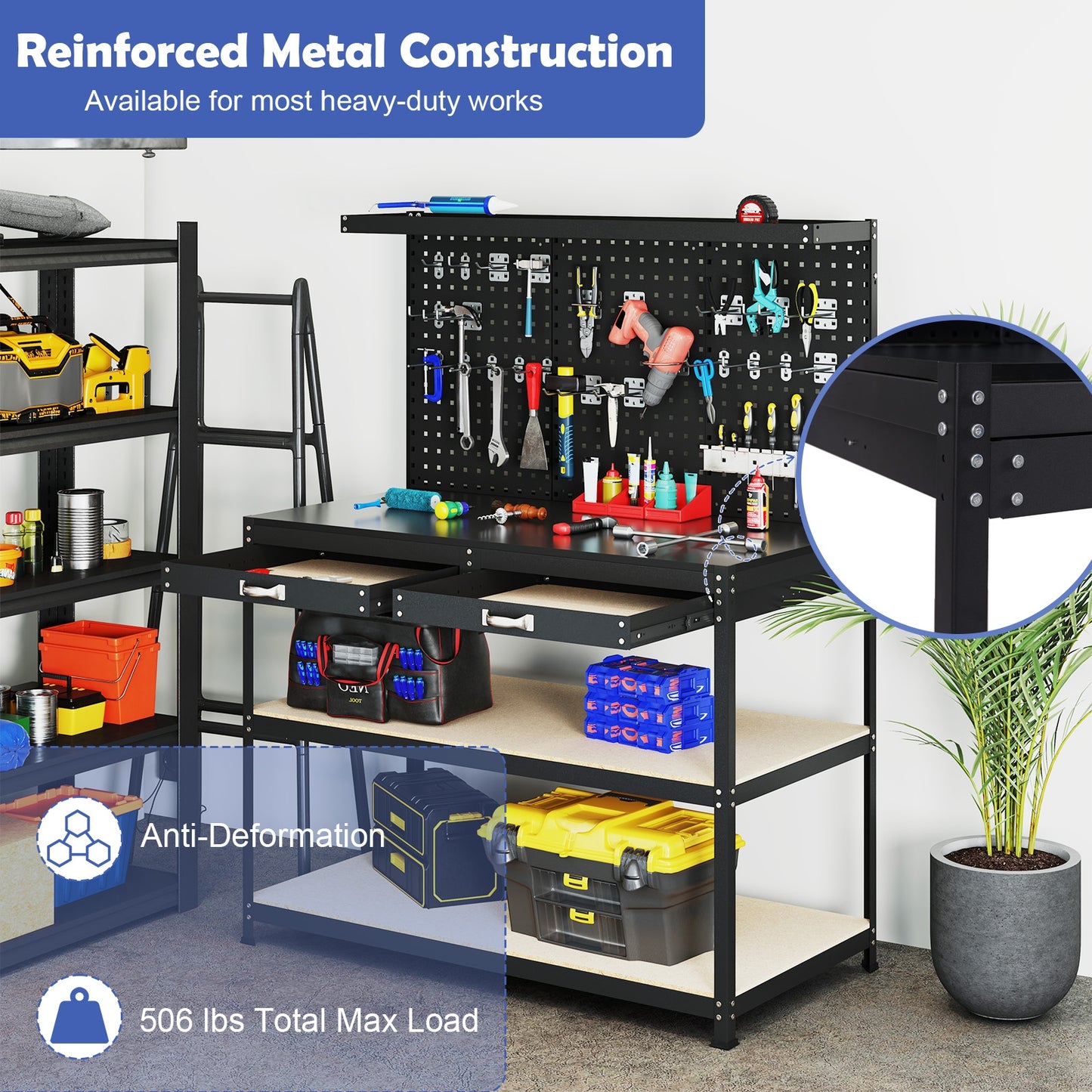 48 x 24 Inch Workbench Work Table with 3 PCs Pegboard Drawer and Shelves, Black Garages at Gallery Canada