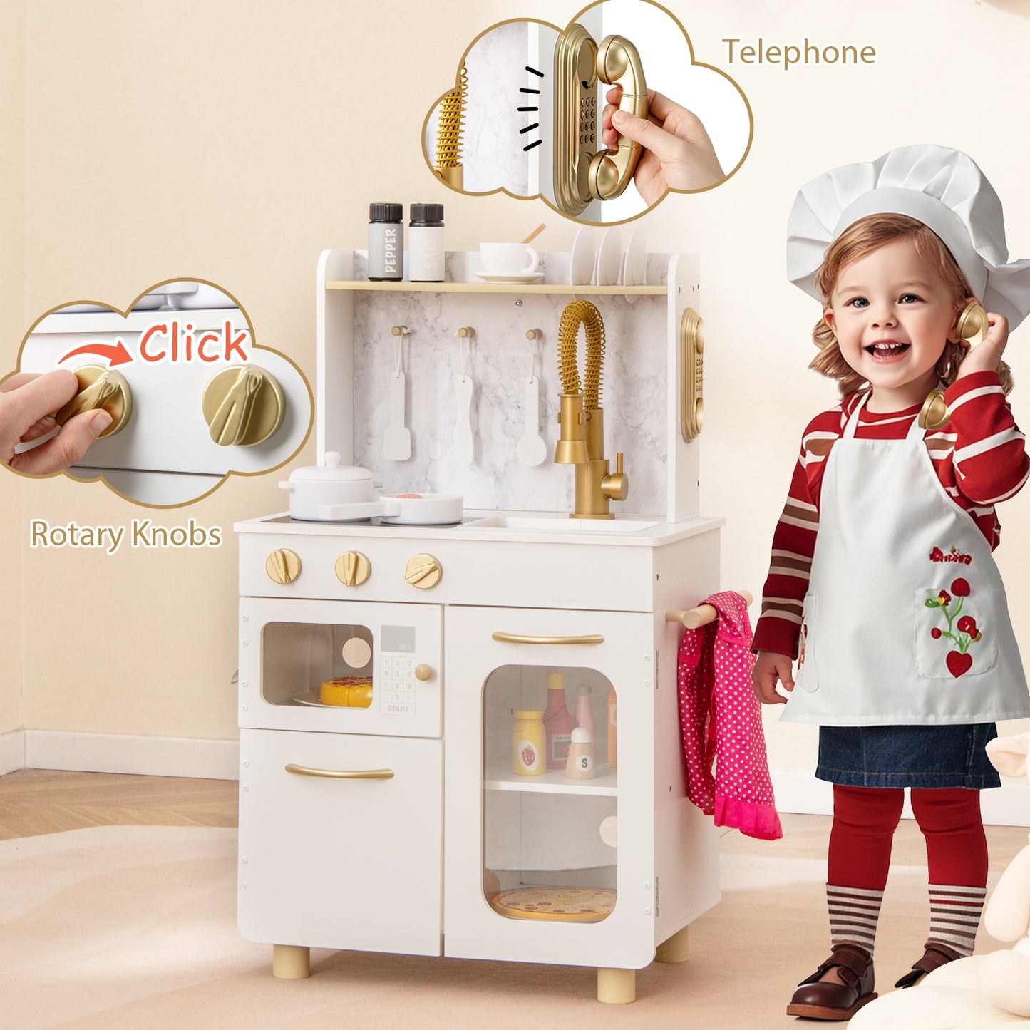 Kids Kitchen Set Pretend Play Kitchen with Stoves Faucet Sink Telephone Microwave and Oven, White Play Kitchen Sets at Gallery Canada