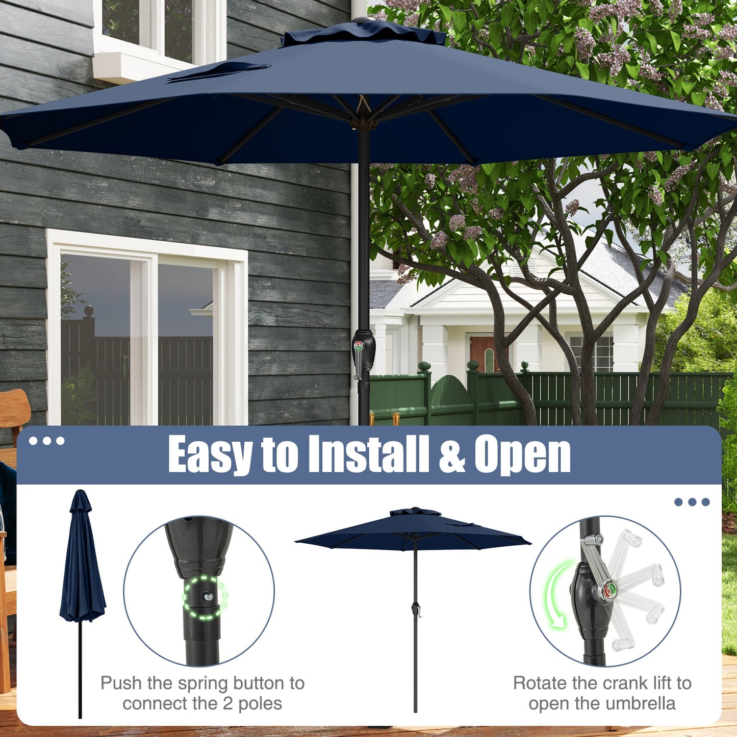 Heavy Duty Market Umbrella, Crank Handle, 8 Ribs, Navy Outdoor Umbrellas at Gallery Canada