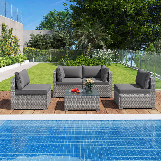 5-Piece Patio Sectional Sofa, Glass Coffee Table, Gray Patio Conversation Sets Gray at Gallery Canada