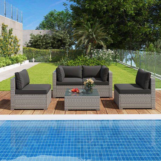 5-Piece Patio Sectional Sofa, Glass Coffee Table, Black Patio Conversation Sets Black at Gallery Canada