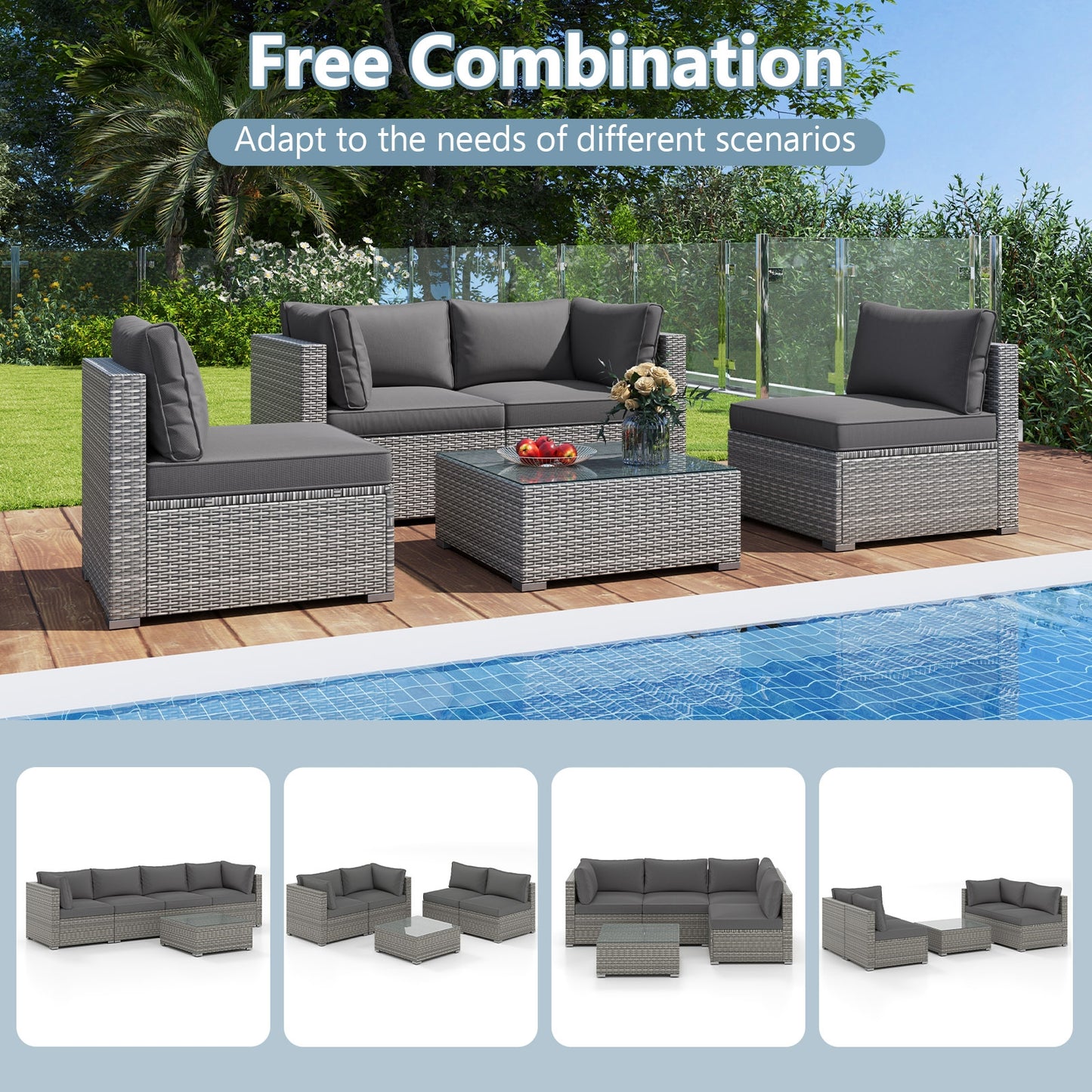 5-Piece Outdoor Patio Sectional Sofa Couch and Glass Coffee Table with Cushions, Gray Patio Conversation Sets at Gallery Canada