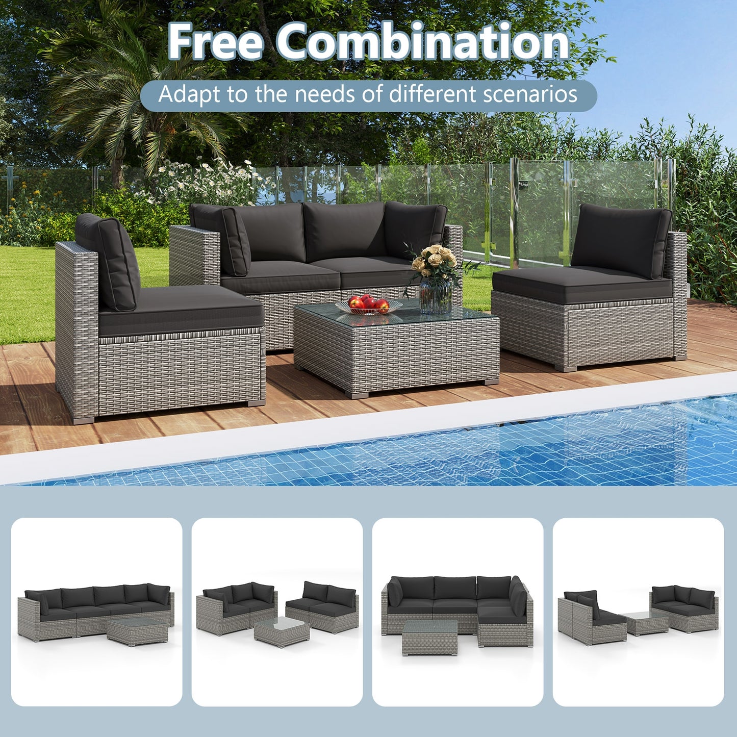 5-Piece Outdoor Patio Sectional Sofa Couch and Glass Coffee Table with Cushions, Black Patio Conversation Sets at Gallery Canada