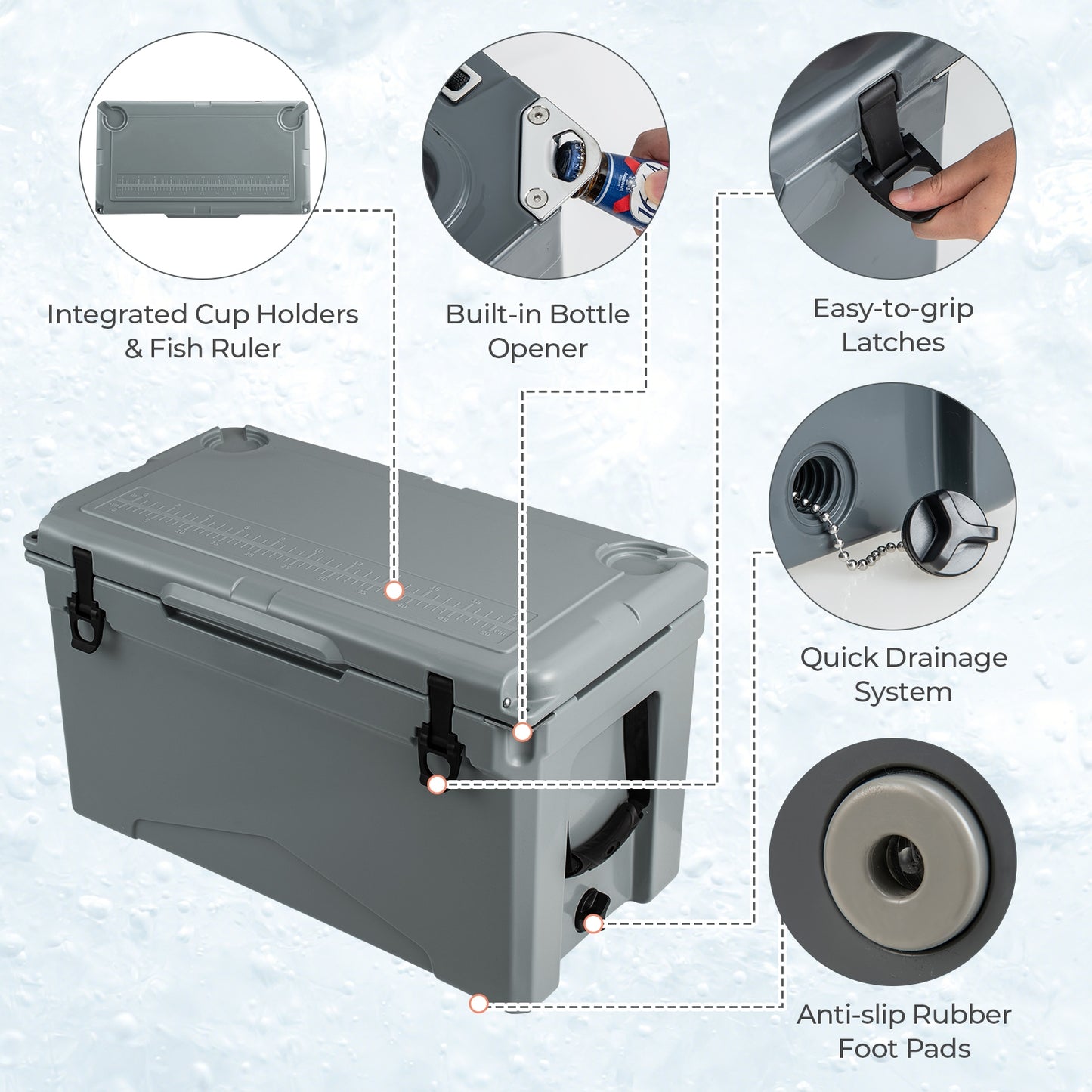 50 QT Glacière Rotomoulée, Coffre à Glace Isolé, Porte-gobelets, Gris
