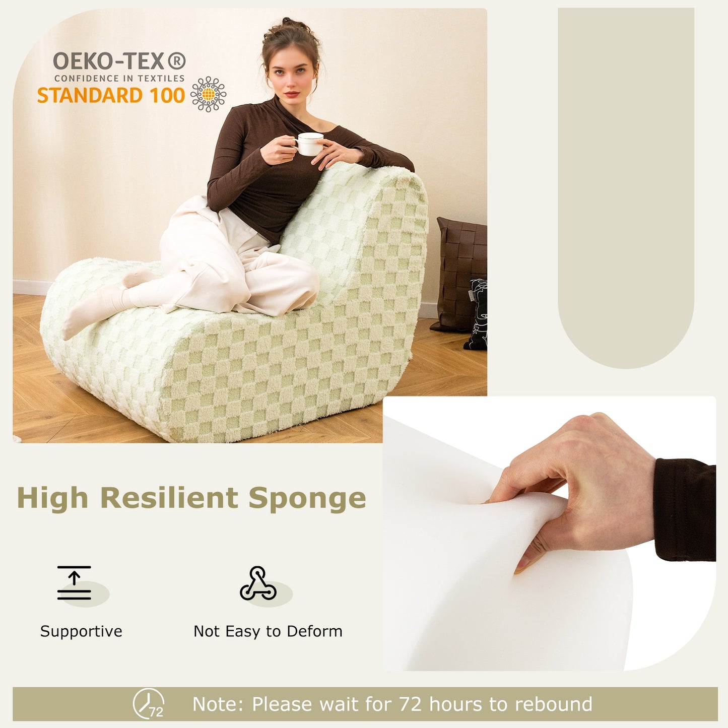 Bean Bag Chair With Ottoman, High Elasticity Sponge, Green