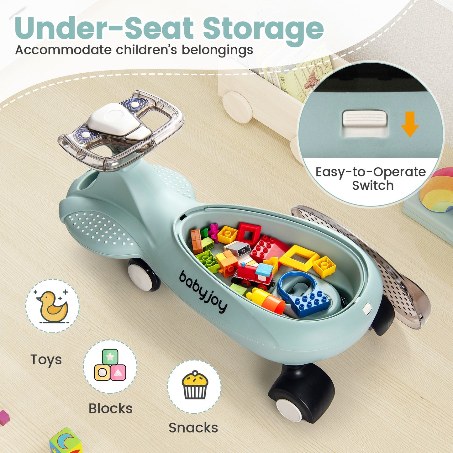 Wiggle Car with Hauling Rope Ride on Toy with Under-Seat Storage, Green Push & Pedal Ride On Toys at Gallery Canada