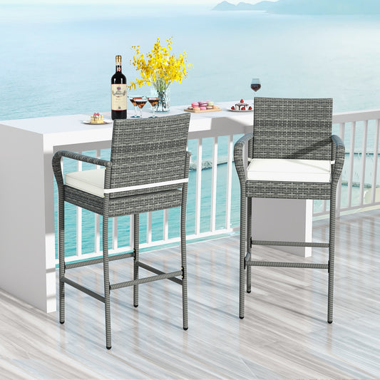Patio Wicker Barstools With Armrests, Soft Cushions, Set Of 2, Gray Patio Bar Furniture Gray at Gallery Canada