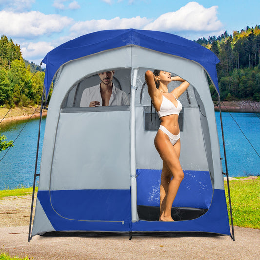 2 Rooms Oversize Privacy Shower Tent, Removable Rain Fly, Inside Pocket, Blue