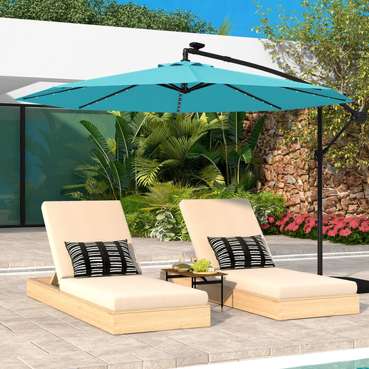 10 Feet Solar LED Offset Umbrella, with 40 Lights and Cross Base, Turquoise Outdoor Umbrellas Turquoise at Gallery Canada