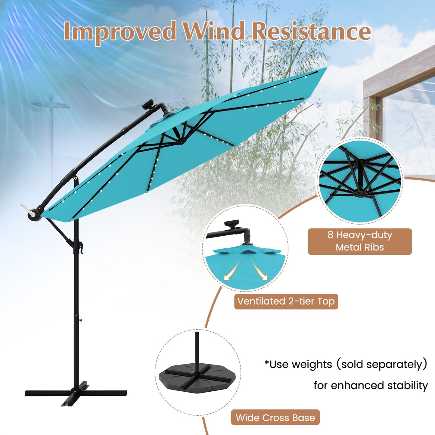 10 Feet Solar LED Offset Umbrella, with 40 Lights and Cross Base, Turquoise Outdoor Umbrellas at Gallery Canada