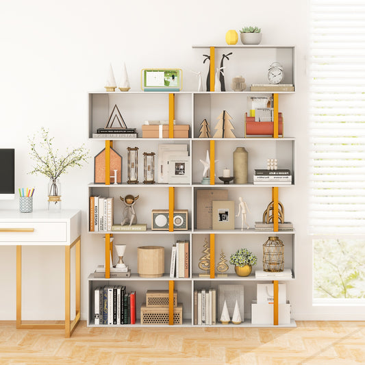 5-Tier/6-Tier Geometric Bookcase with Metal Frame and Anti-tipping Kits-5 Tier, White Bookcases White at Gallery Canada