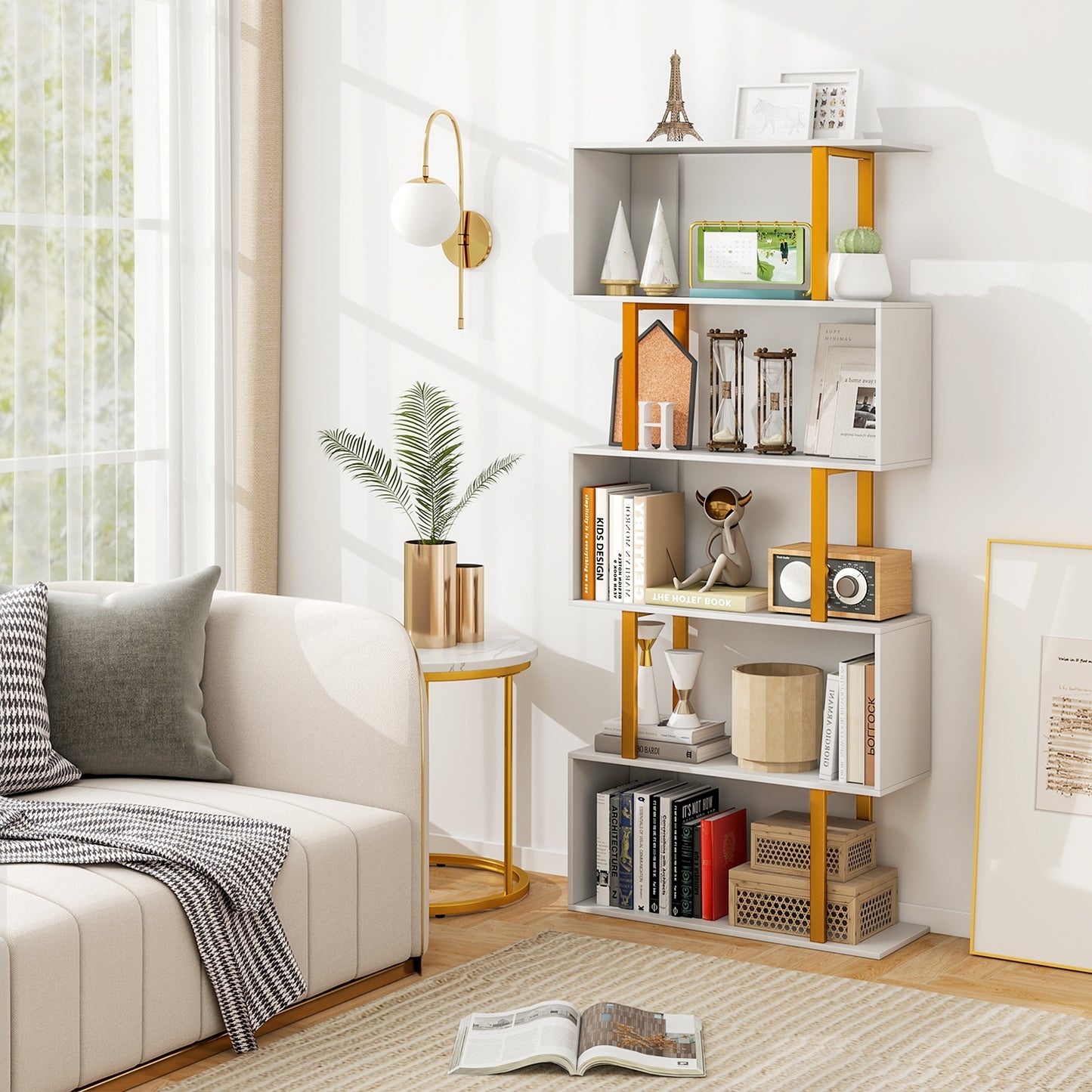 5-Tier/6-Tier Geometric Bookcase with Metal Frame and Anti-tipping Kits-5 Tier, White Bookcases at Gallery Canada