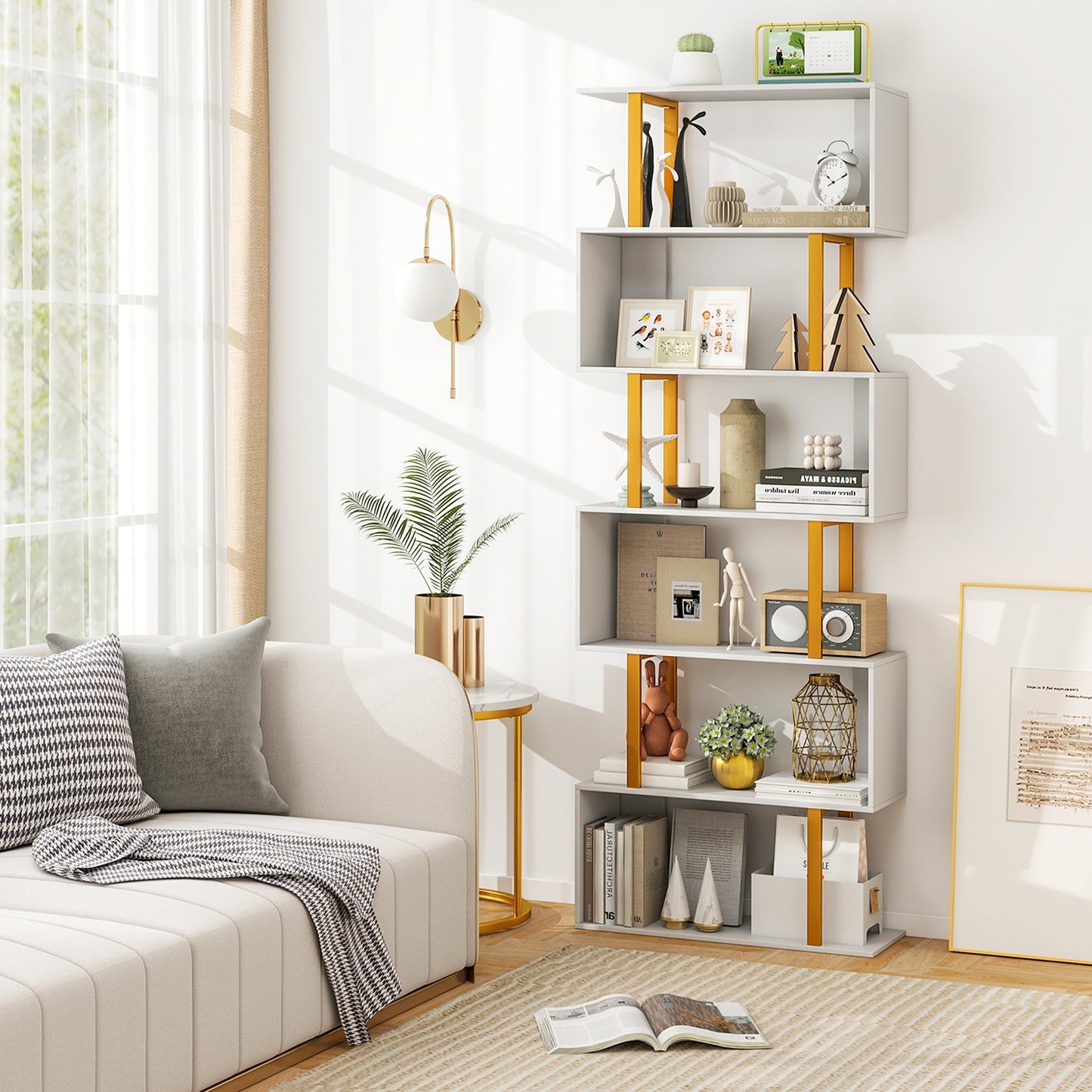 Geometric Bookcase, 6-Tier, Metal Frame, Anti-Tipping Kits, White Bookcases at Gallery Canada